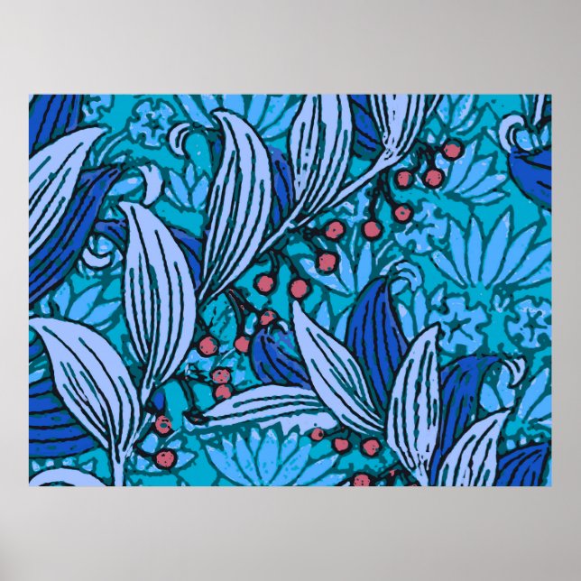 Blue Floral Antique Boho Moderne Poster (Vorne)