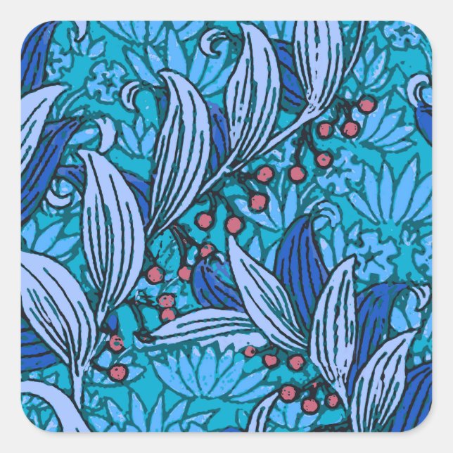 Blue Floral Antique Boho Moderne Quadratischer Aufkleber (Vorderseite)