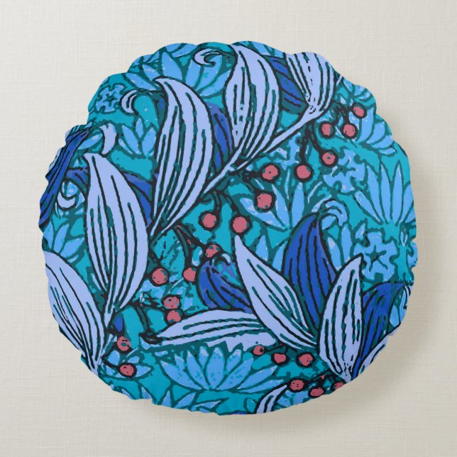 Blue Floral Antique Boho Moderne Rundes Kissen (Vorderseite)