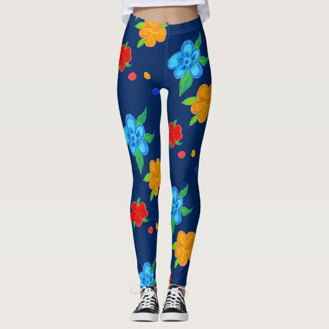 Blue Floral Art Print Leggings (Vorderseite)