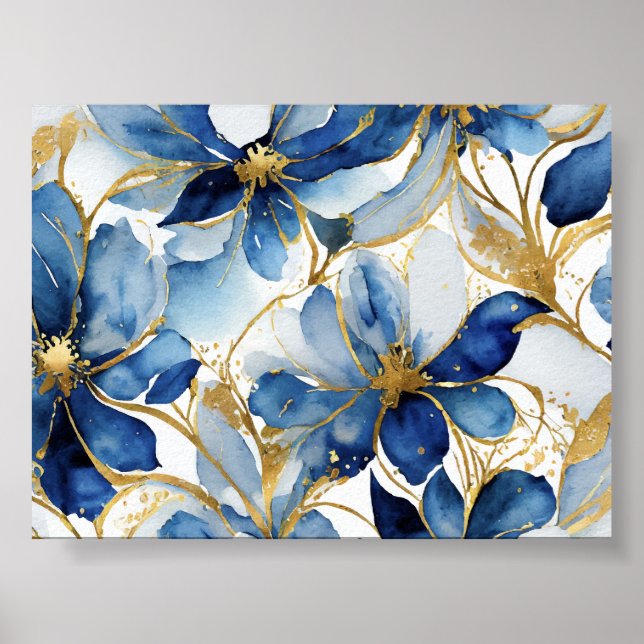 Blue Floral Art Print mit Gold Akzenten Poster (Vorne)
