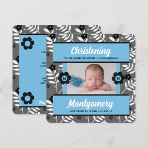 Blue Floral Baby Christening mit Foto Einladung