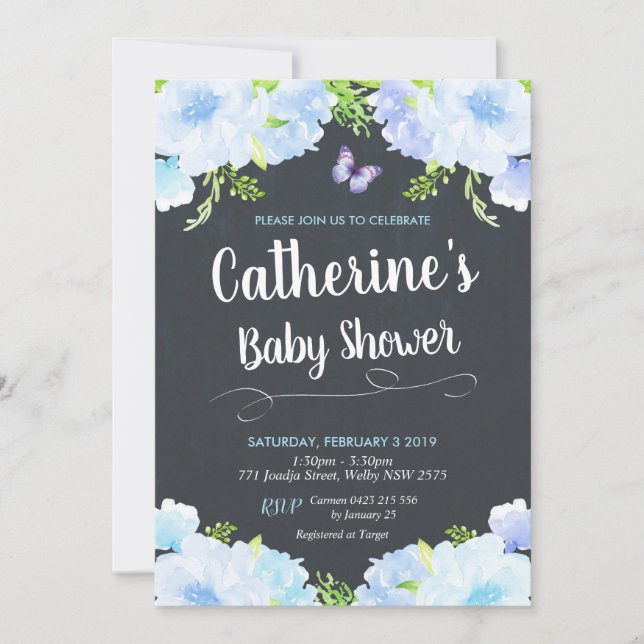 Blue Floral Baby Douche Invitations Garçon (Devant)