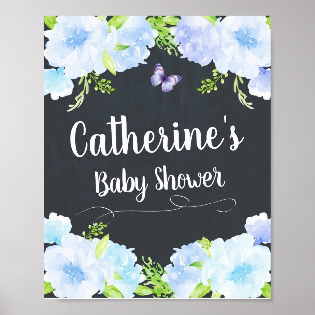 Blue Floral Baby Dusche Begrüßung Plakatdekor Poster (Vorne)