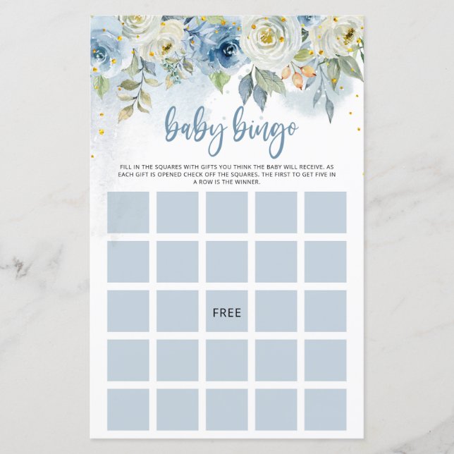 Blue Floral Baby Girl Bingo Paper Sheet (Vorderseite)