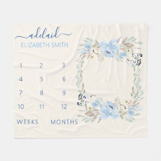 Blue Floral Baby Girl Milestone Blanket Fleecedecke