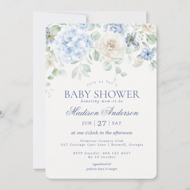 Blue Floral Baby in Bloom Hydrangea Babydusche Einladung (Vorderseite)