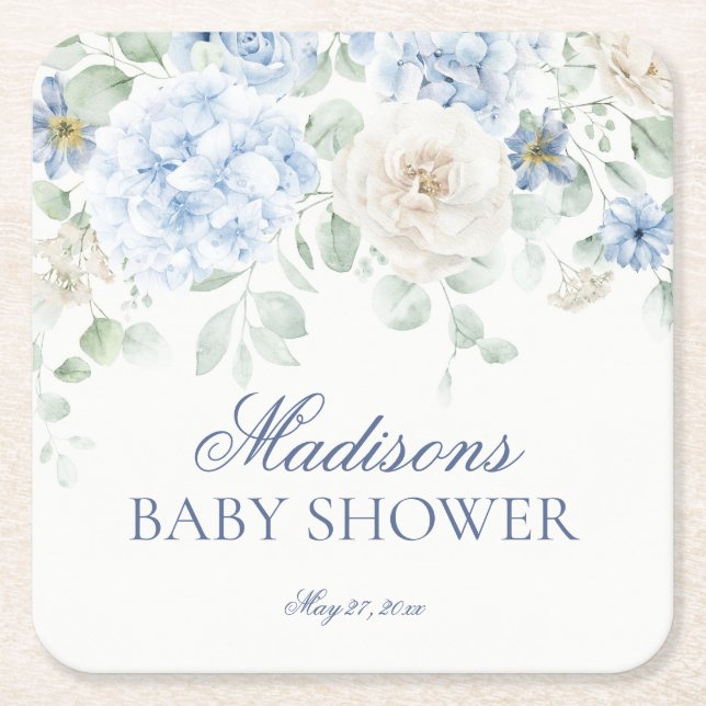 Blue Floral Baby in Bloom Hydrangea Babydusche Rechteckiger Pappuntersetzer (Vorderseite)