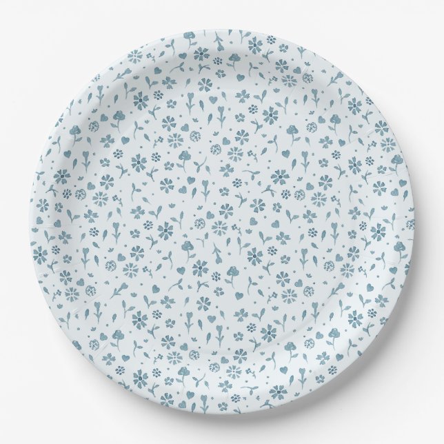 Blue Floral Baby in Bloom Young Dusche Pappteller (Vorderseite)