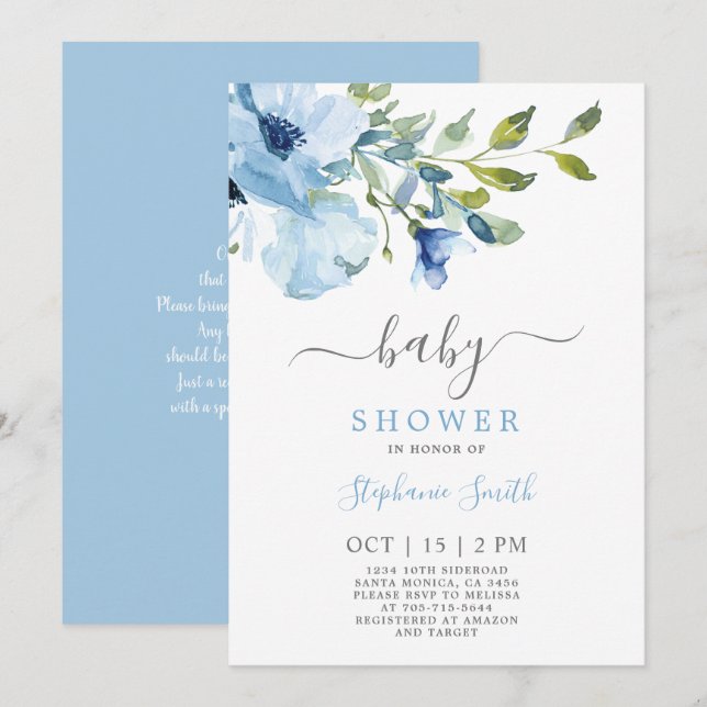 Blue Floral Baby Shower Boy Einladung (Vorne/Hinten)