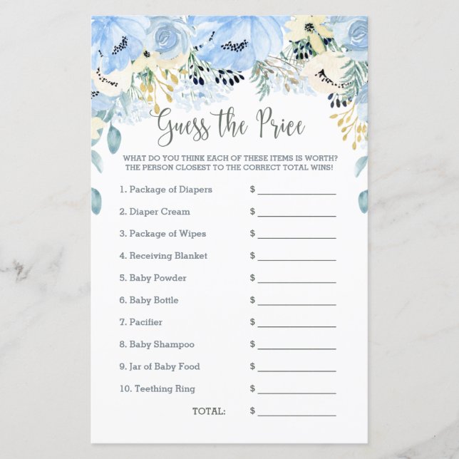 Blue Floral Baby Shower Game rät den Preis (Vorderseite)
