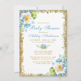 Blue Floral Baby Shower Gold Glitzer Einladung B