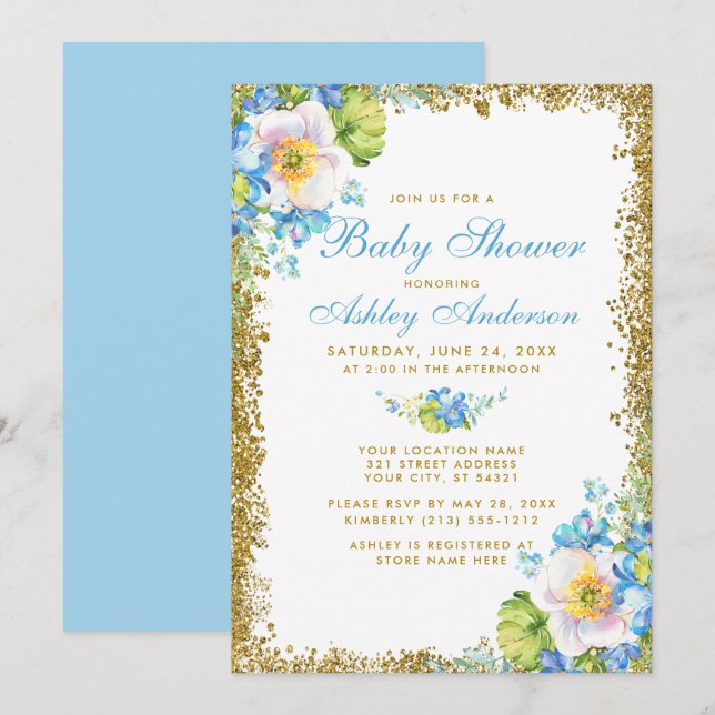 Blue Floral Baby Shower Gold Glitzer Einladung B (Vorne/Hinten)