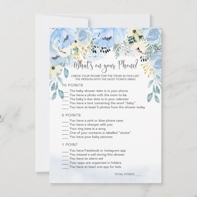 Blue Floral Baby Shower Was ist auf Ihrem Handyspi Einladung (Vorderseite)