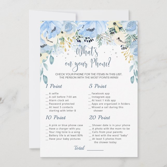 Blue Floral Baby Shower Was ist auf Ihrem Handyspi Einladung (Vorderseite)