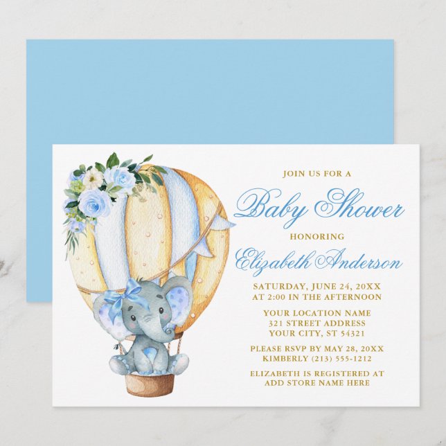 Blue Floral Ballon Elephant Bow Baby Dusche Einladung (Vorne/Hinten)
