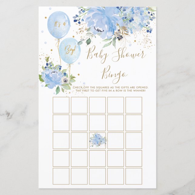 Blue Floral Balloons Baby Dusche Bingo Spiel (Vorderseite)