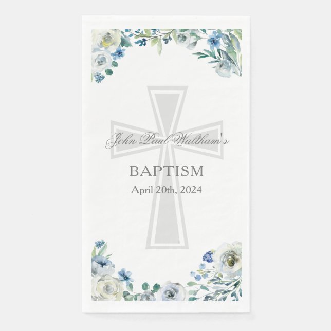 Blue Floral Baptism Party Christian Cross Custom Serviette (Vorderseite)