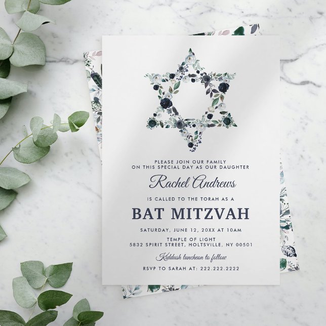 Blue Floral Bat Mitzvah Einladung (Von Creator hochgeladen)