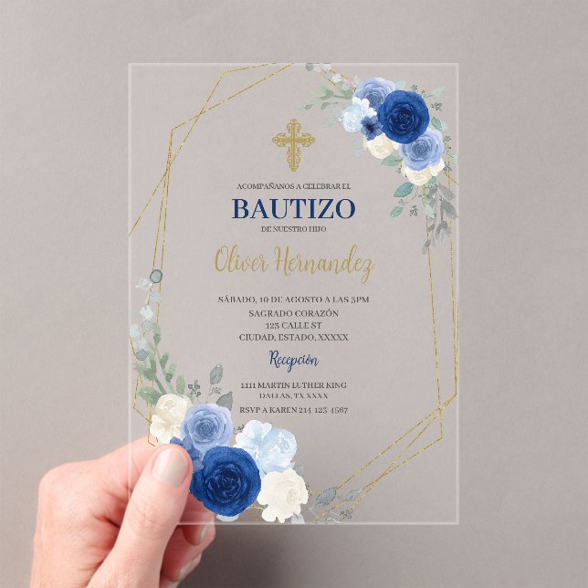 Blue Floral Bautizo Espagne acrylique Invitation (In situ (ordinateur de poche))