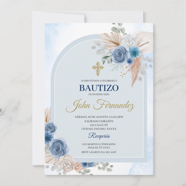Blue Floral Bautizo Espagnol Invitation (Devant)