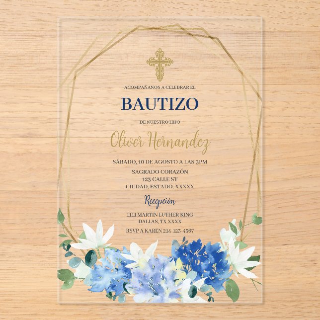Blue Floral Bautizo Espagnol Invitation (Recto)
