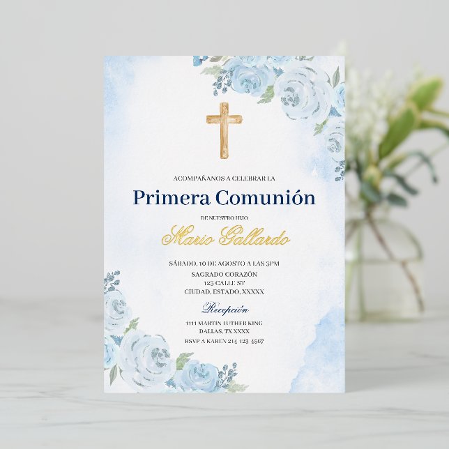 Blue Floral Bautizo Espagnol Invitation (Debout devant)