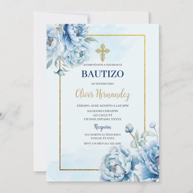 Blue Floral Bautizo Espagnol Invitation (Devant)