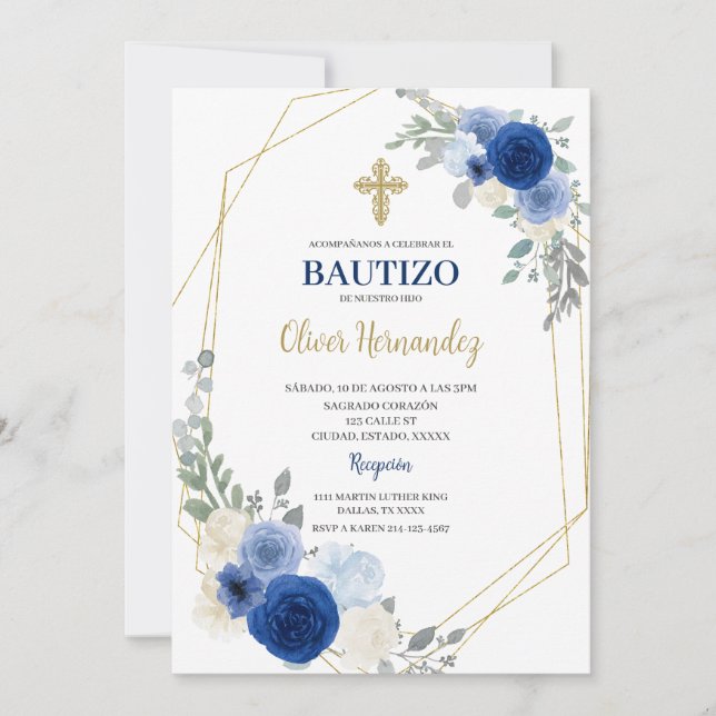 Blue Floral Bautizo Espagnol Invitation (Devant)