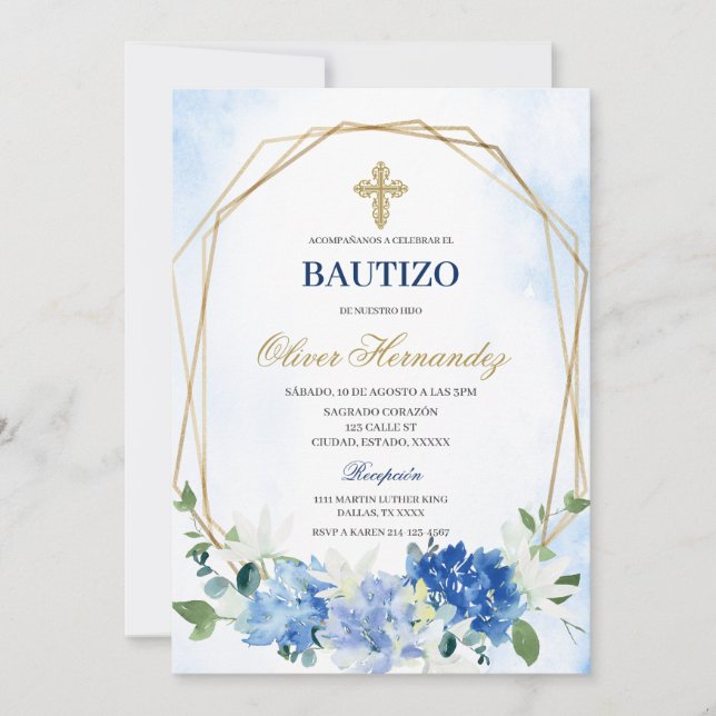Blue Floral Bautizo Espagnol Invitation (Devant)