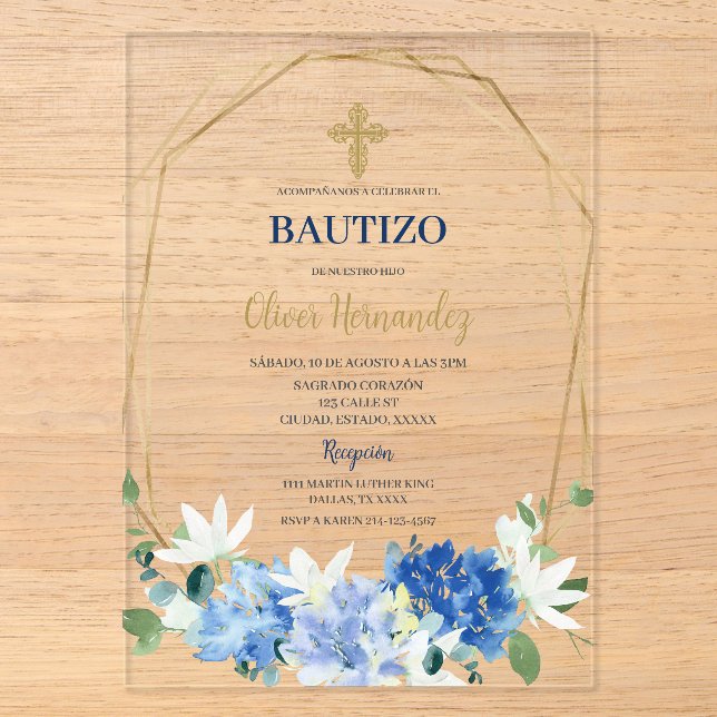 Blue Floral Bautizo Spanische Einladung (Vorderseite)