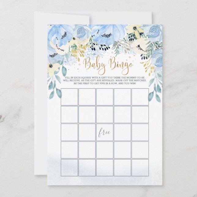 Blue Floral Bingo/Guess Who Baby Showspiele Einladung (Vorderseite)
