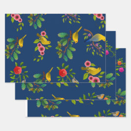 Blue Floral Bird Print Geschenkpapier Set