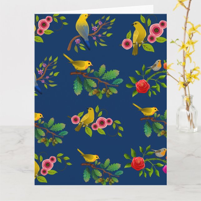 Blue Floral Bird Print Karte (Gelbe Blume)