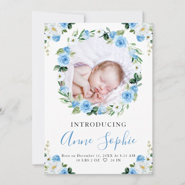 Blue Floral Birth Ankündigung Dankeschön Karte (Vorderseite)