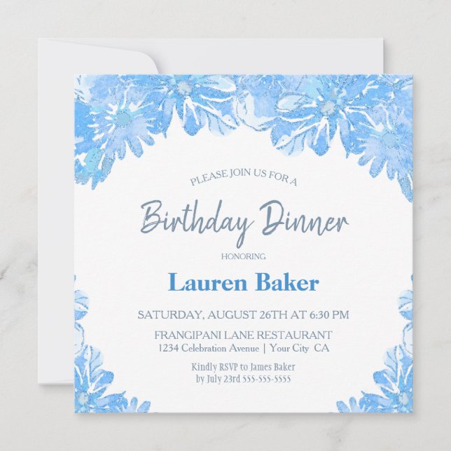Blue Floral Birthday Dinner Party Einladung (Vorderseite)
