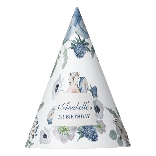 Blue Floral Birthday Party Partyhütchen (Vorderseite)