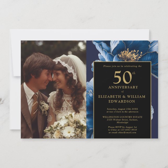 Blue Floral Black and Gold 50 Jahre Foto Einladung (Vorderseite)