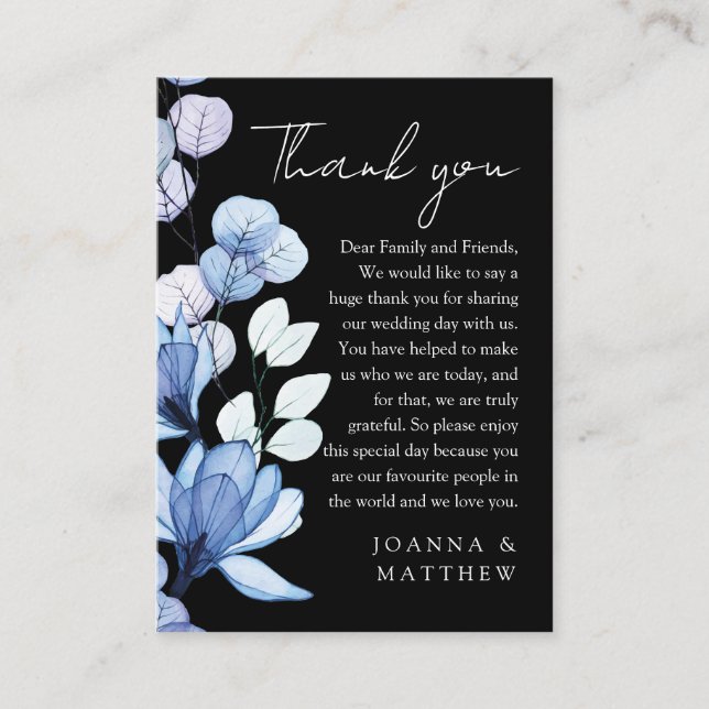 Blue Floral Black and White Wedding Vielen Dank Platzkarte (Vorderseite)