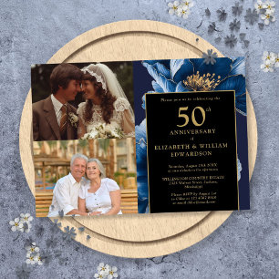 Blue Floral Black Gold 50 Jahre Jubiläum 2 Foto Einladung