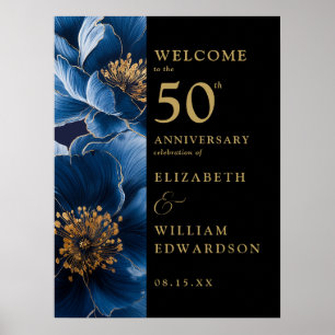 Blue Floral Black Gold 50 Jahre Jubiläumszeichen Poster