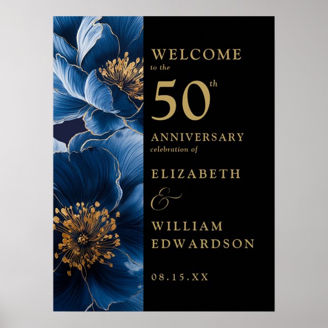 Blue Floral Black Gold 50 Jahre Jubiläumszeichen Poster (Vorne)