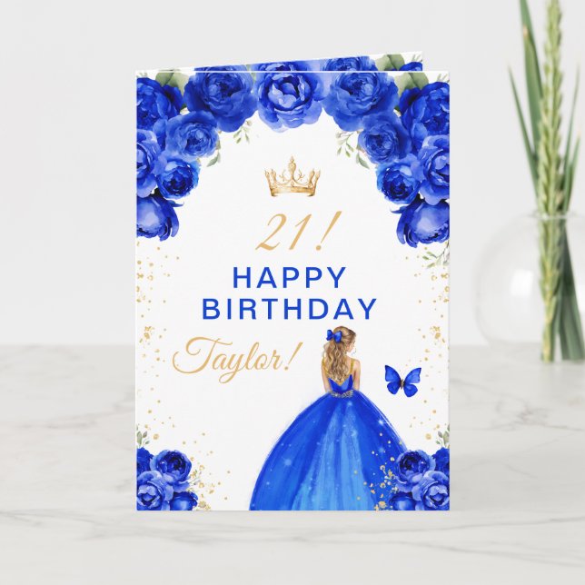 Blue Floral Blonde Hair Girl Happy Birthday Karte (Vorderseite)