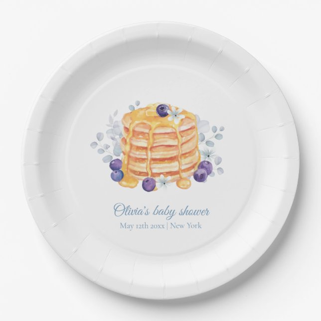 Blue Floral Blueberry Pancake Brunch Babydusche Pappteller (Vorderseite)
