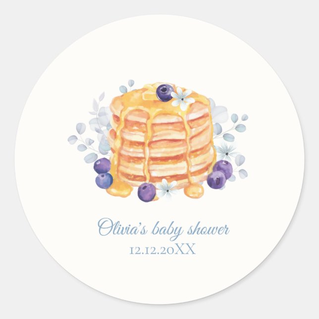 Blue Floral Blueberry Pancake Brunch Babydusche Runder Aufkleber (Vorderseite)