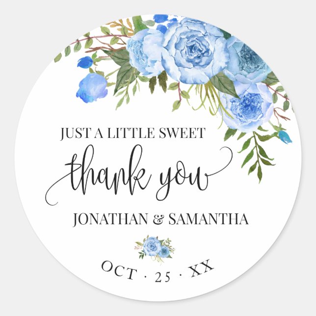 Blue floral boho schicke Hochzeit danke Runder Aufkleber (Vorderseite)