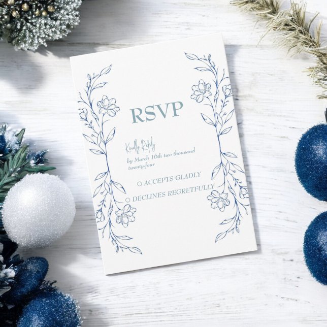 Blue Floral Boho Side Border Wedding RSVP Karte (Von Creator hochgeladen)