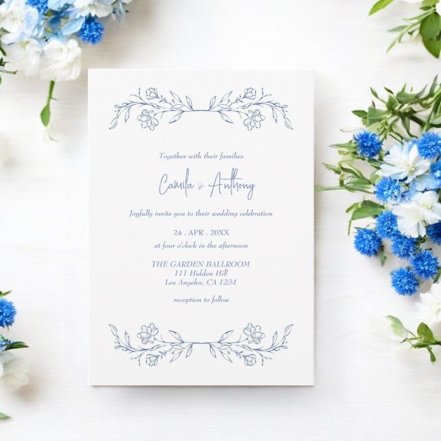 Blue Floral Boho Top Border Wedding Einladung (Von Creator hochgeladen)