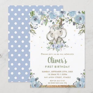 Blue Floral Boho Tribal Elephant Boy 1. Geburtstag Einladung