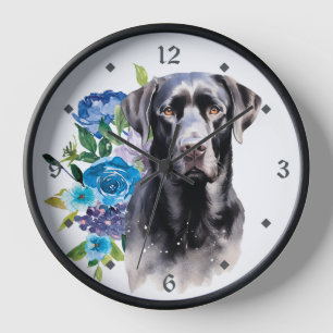 Blue Floral Bouquet Black Labrador Retriever Dog Uhr